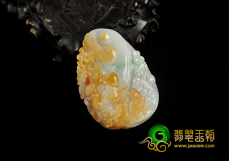 糯冰种黄翡缅甸翡翠A货富贵双喜挂件