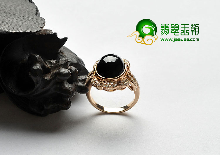 冰种墨翠缅甸翡翠A货镶玫瑰金戒指（真钻）