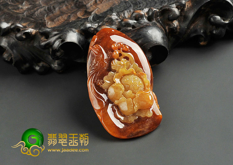 糯冰种褐黄翡缅甸翡翠A货花开富贵挂件
