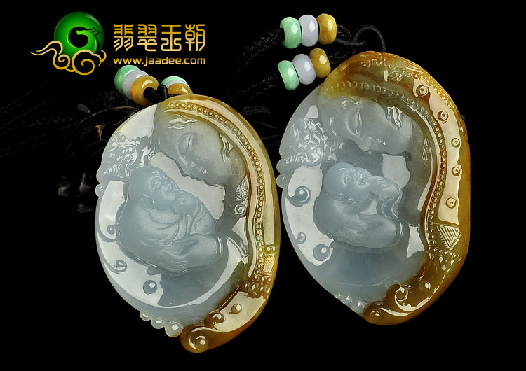 冰种褐黄翡缅甸翡翠A货母子情深挂件（一对）