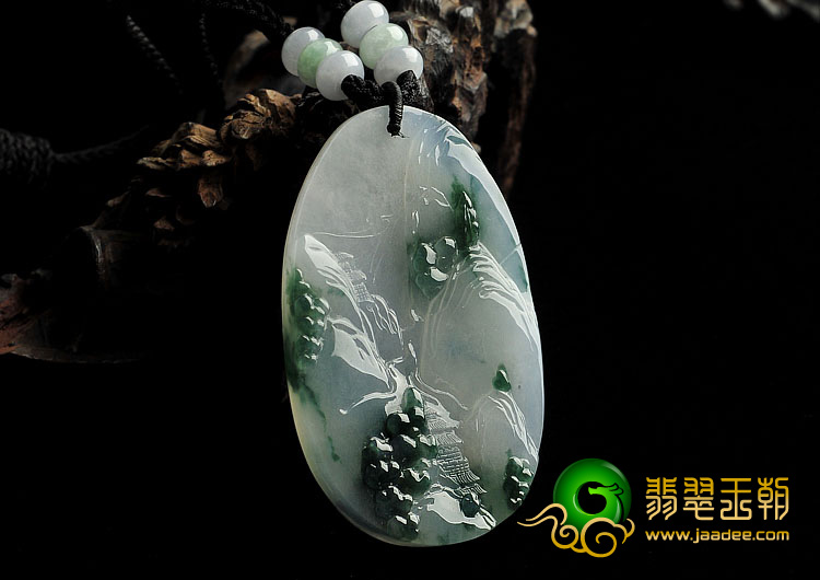 冰种飘花缅甸翡翠A货山水牌挂件