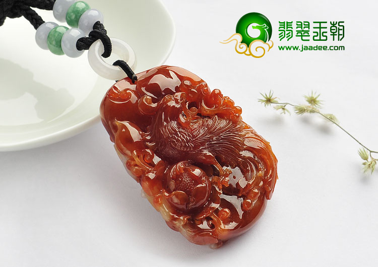 糯冰种褐红翡缅甸翡翠A货凤戏牡丹挂件