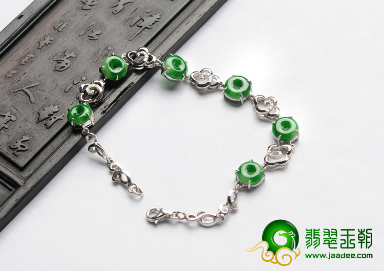 糯冰种阳绿缅甸翡翠A货镶白金平安扣手链（真钻）