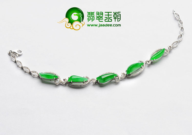 冰种阳绿缅甸翡翠A货镶白金随形手链（真钻）