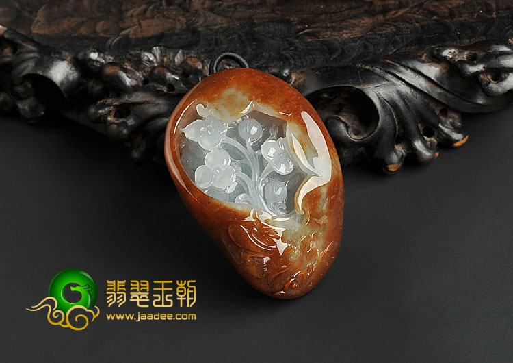 糯冰种褐红翡晴水缅甸翡翠A货鸟语花香挂件