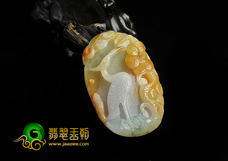 糯冰种三彩缅甸翡翠A货松鹤延年挂件