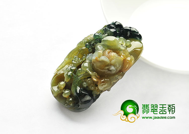 冰种褐黄翡飘花缅甸翡翠A货花开富贵挂件