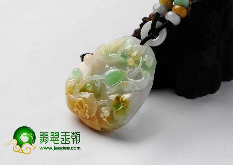 糯冰种黄加绿缅甸翡翠A货富贵双喜挂件