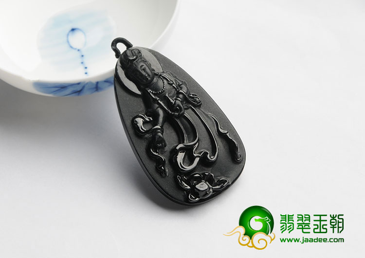 细糯种墨翠缅甸翡翠A货观音挂件