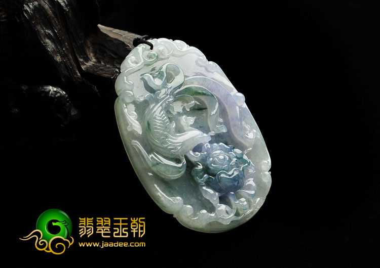 糯冰种紫罗兰飘花缅甸翡翠A货凤戏牡丹挂件