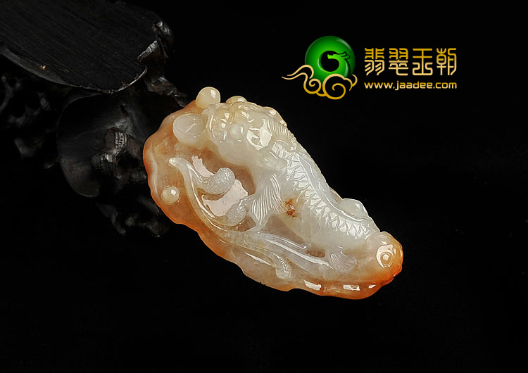 糯冰种红黄翡缅甸翡翠A货龙头鱼挂件