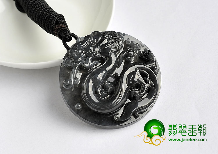 糯冰种墨色缅甸翡翠A货乌鸡种圆龙牌挂件