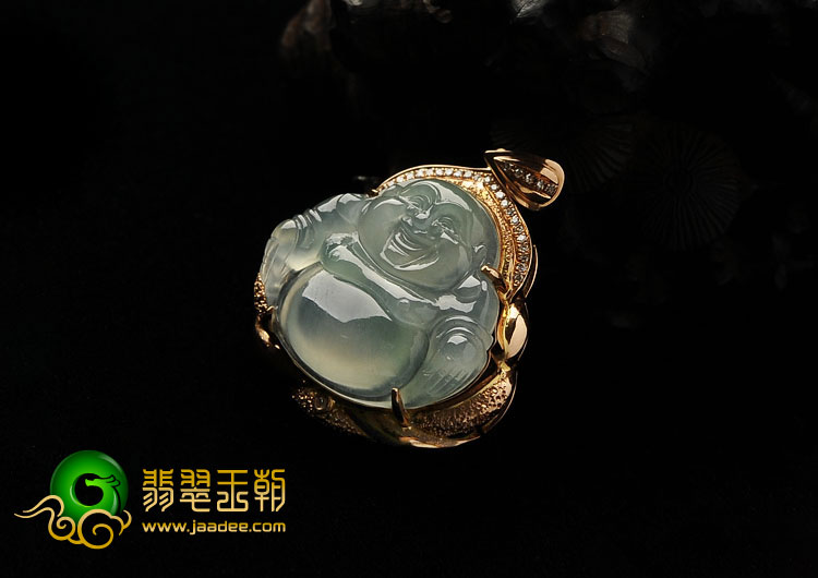 冰种晴水缅甸翡翠A货镶玫瑰金玉佛胸坠（真钻）