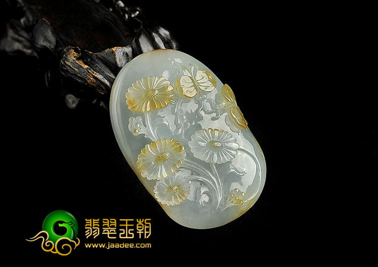 冰种黄翡缅甸翡翠A货蝶恋花挂件