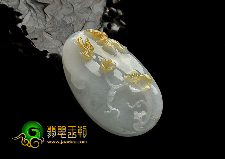 冰种黄翡缅甸翡翠A货比翼双飞挂件