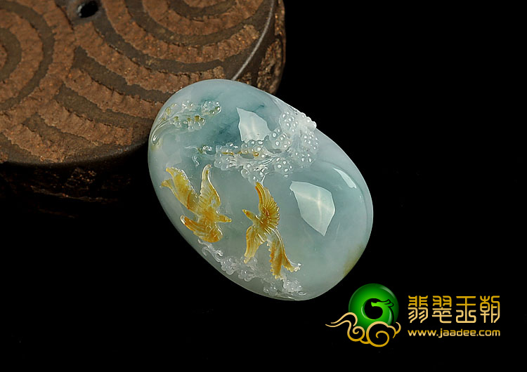 冰种黄翡飘花缅甸翡翠A货比翼双飞挂件