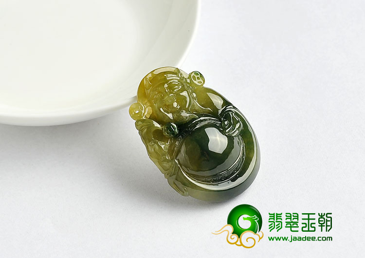 糯冰种黄翡飘花缅甸翡翠A货财神挂件