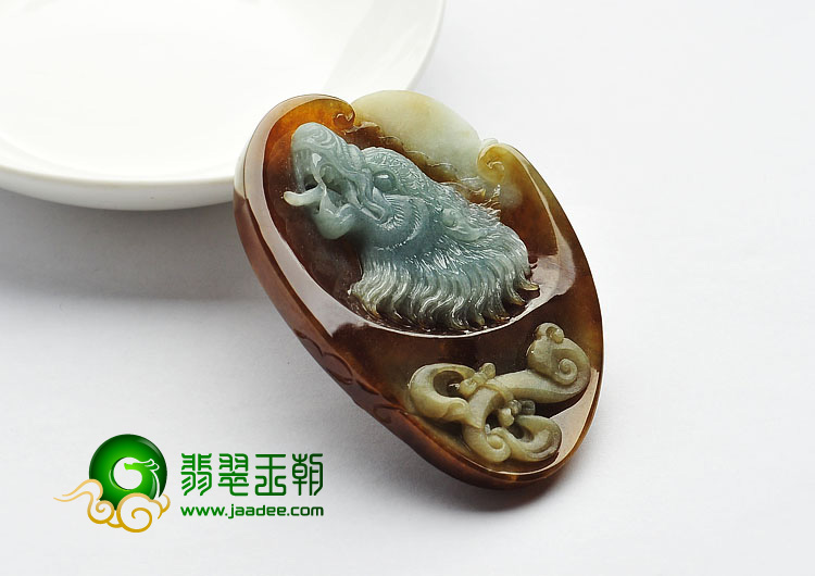 糯冰种褐红翡缅甸翡翠A货狼头挂件