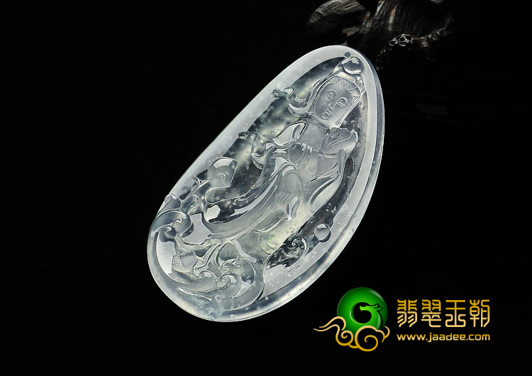玻璃种略飘花缅甸翡翠A货观音挂件