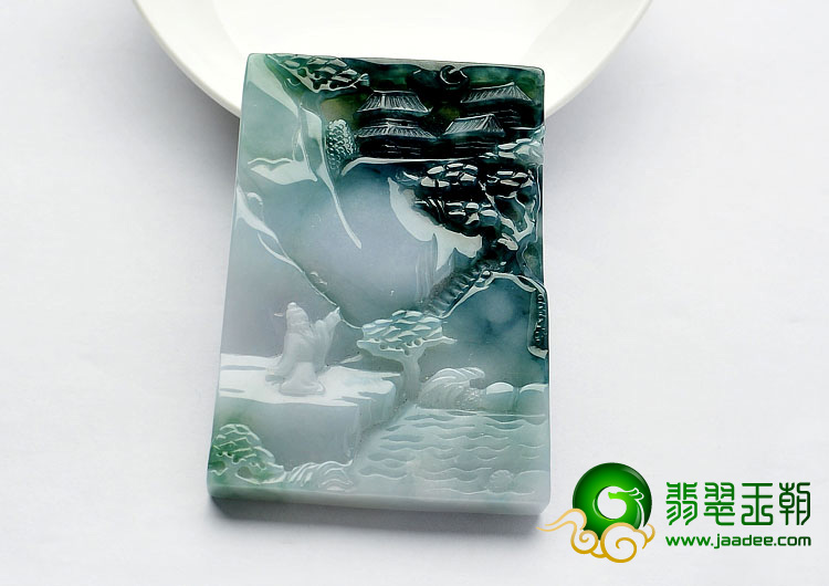 糯冰种飘花缅甸翡翠A货山水牌挂件