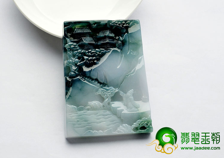 糯冰种飘花缅甸翡翠A货山水牌挂件