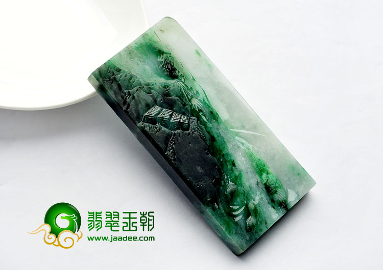 糯冰种癣加绿缅甸翡翠A货山水牌挂件