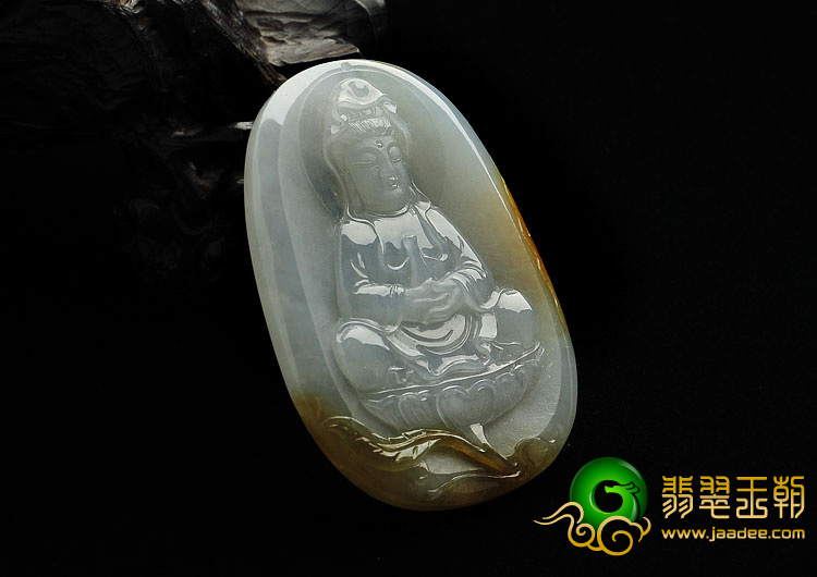 糯冰种褐黄翡缅甸翡翠A货坐莲观音挂件