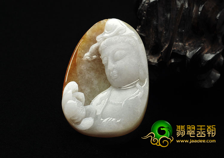 糯冰种褐黄翡缅甸翡翠A货观音挂件