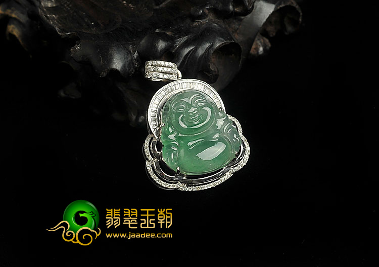 冰种绿晴水缅甸翡翠A货镶白金玉佛胸坠（真钻）