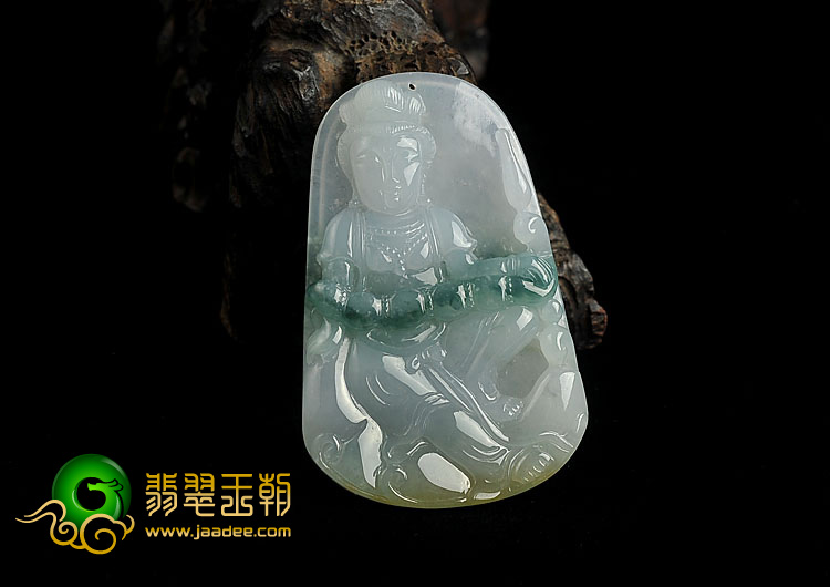 糯冰种飘花略带黄翡缅甸翡翠A货观音挂件