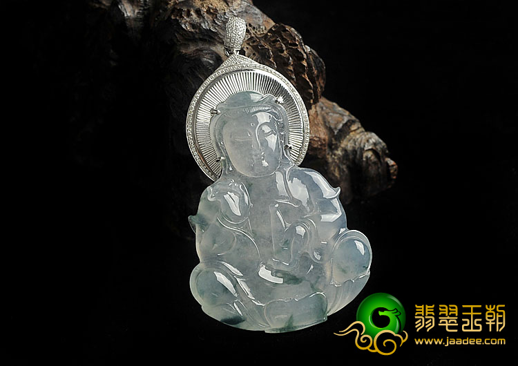 冰种淡紫罗兰飘花缅甸翡翠A货镶白金观音挂件