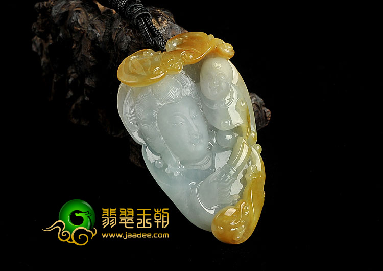 糯冰种褐黄翡晴水缅甸翡翠A货送子观音挂件