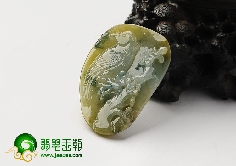 糯冰种黄翡飘花缅甸翡翠A货喜上眉梢挂件