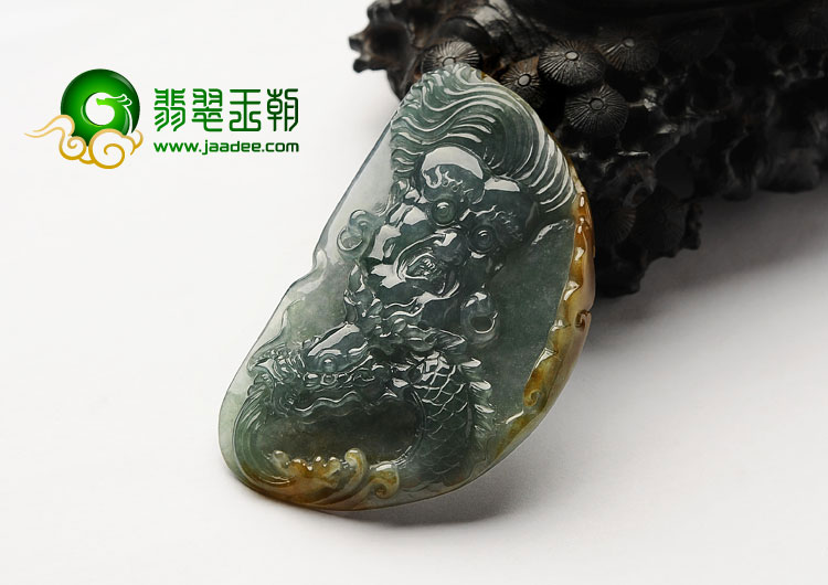 糯冰种蓝水褐黄翡缅甸翡翠龙王挂件