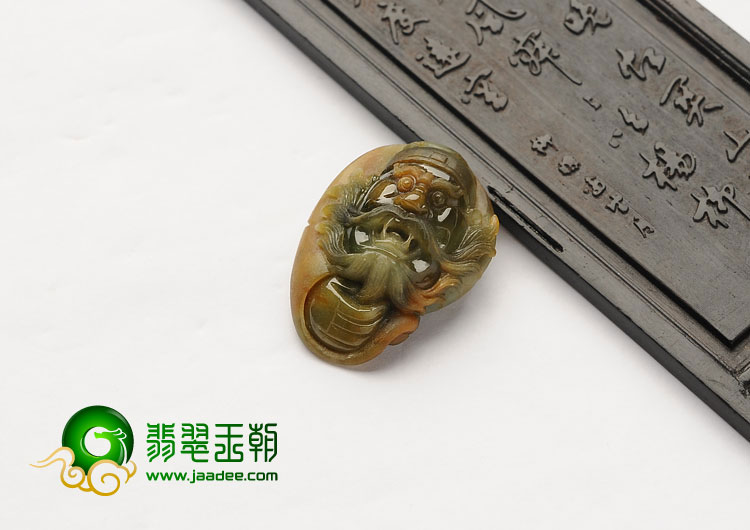 糯冰种褐黄翡飘花缅甸翡翠A货钟馗挂件