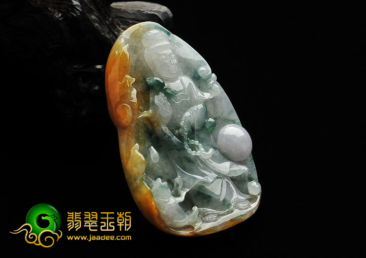 糯冰种褐黄翡飘花缅甸翡翠A货观音挂件