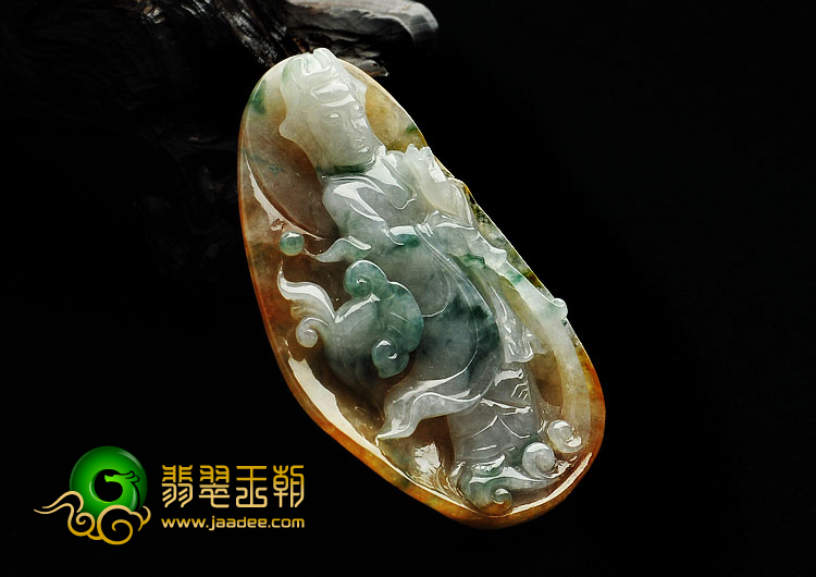 糯冰种褐黄翡飘花缅甸翡翠A货观音挂件