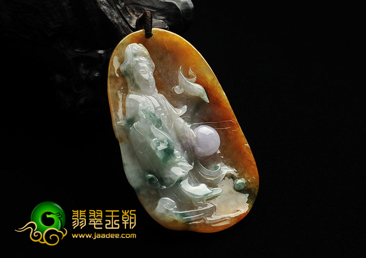 糯冰种褐黄翡飘花缅甸翡翠A货观音挂件