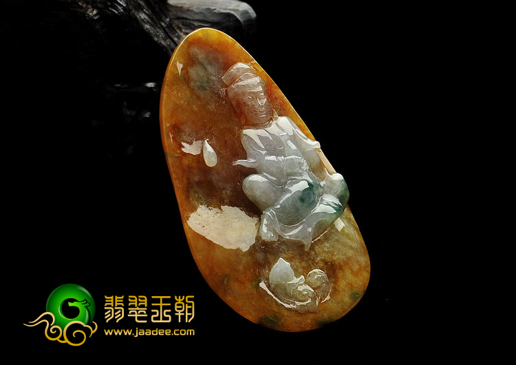 糯冰种褐黄翡飘花缅甸翡翠A货观音挂件