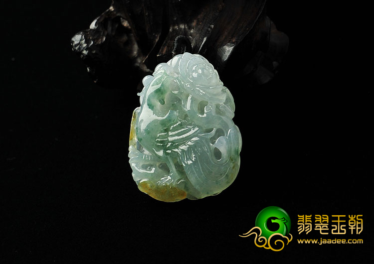 冰种飘花缅甸翡翠A货凤戏牡丹挂件