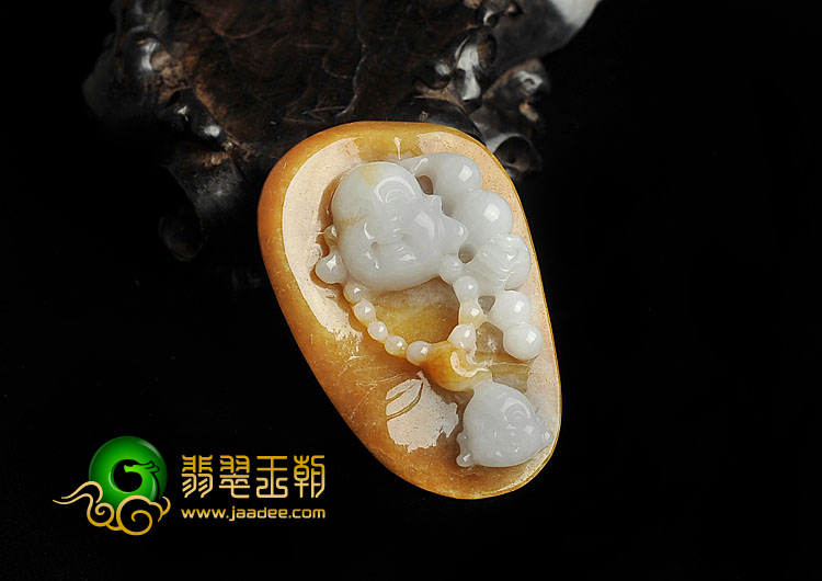糯冰种黄翡缅甸翡翠A货童子拜佛挂件