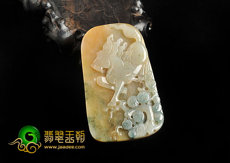 糯冰种红黄翡飘花缅甸翡翠A货马到成功挂件