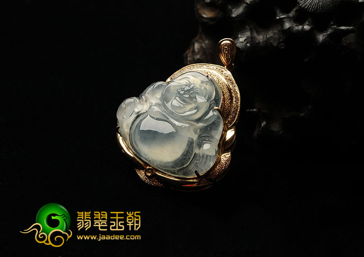 冰种淡晴水缅甸翡翠A货镶玫瑰金玉佛胸坠（真钻）
