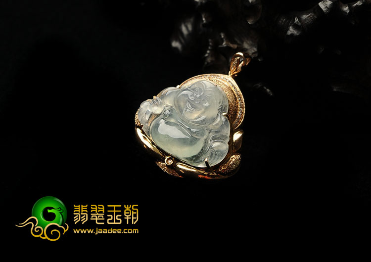 冰种淡晴水缅甸翡翠A货镶玫瑰金玉佛胸坠（真钻）