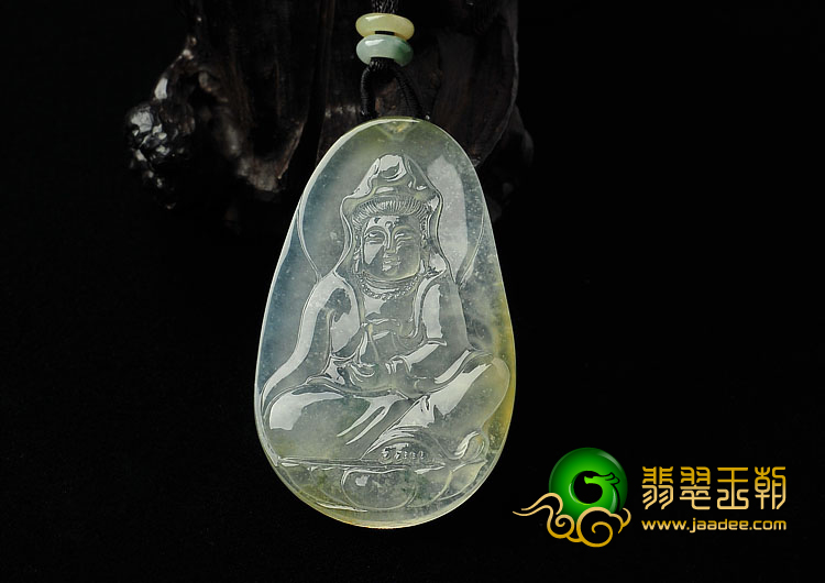 冰种淡黄翡飘花缅甸翡翠A货观音挂件