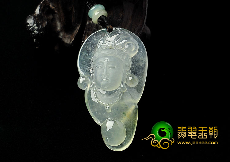 冰种淡黄翡略飘花缅甸翡翠A货观音挂件