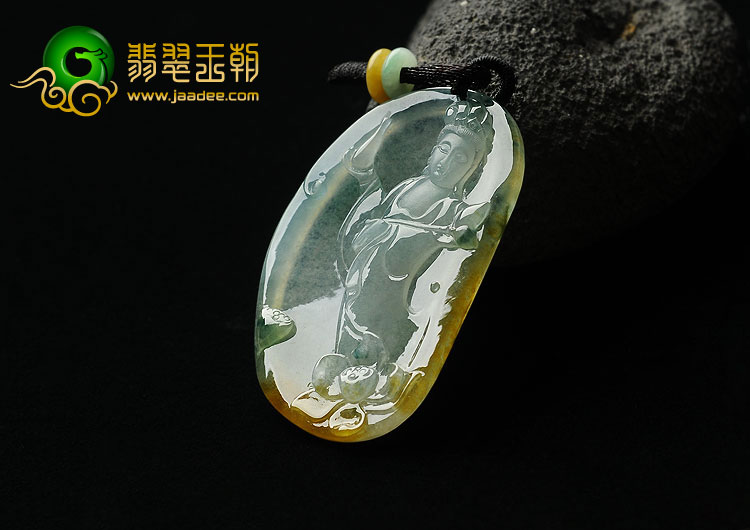 冰种黄翡飘花缅甸翡翠A货观音挂件