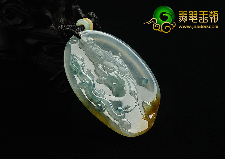 冰种黄翡飘花缅甸翡翠A货观音挂件