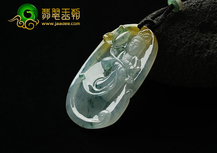 冰种黄翡飘花缅甸翡翠A货观音挂件