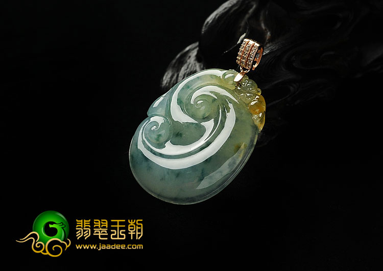 冰种黄翡飘花缅甸翡翠A货如意挂件